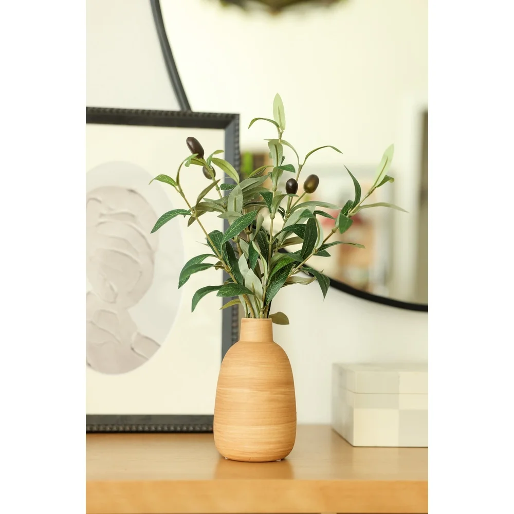 15 Inch Artificial Olive Plant in Wood Finish Ceramic Vase Lifelike Tabletop Decoration Elegant Home Office Accent Piece