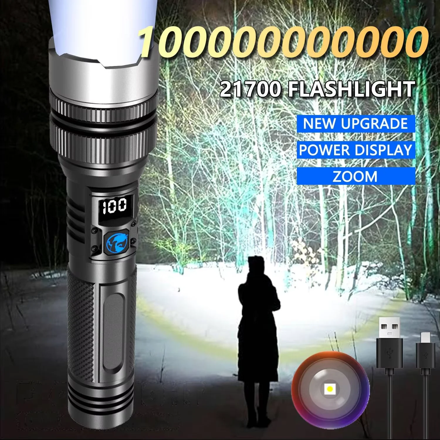 

100000000000LM Новое обновление перезаряжаемые светодиодные фонарики 3 режима освещения Power Bank Телескопический масштабируемый фонарик 21700 Батарея