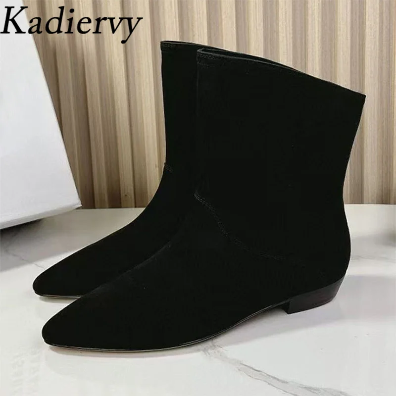 

Classic Short Boots Woman Pointed Toe Slip-on Flat Shoes Women Cow Suede Ankle Boots Black Western Cowboy Boots Women