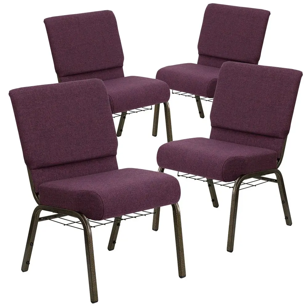 

4 Pack HERCULES Series 21W Church Chair in Plum Fabric with Cup Book Rack Gold Vein Frame