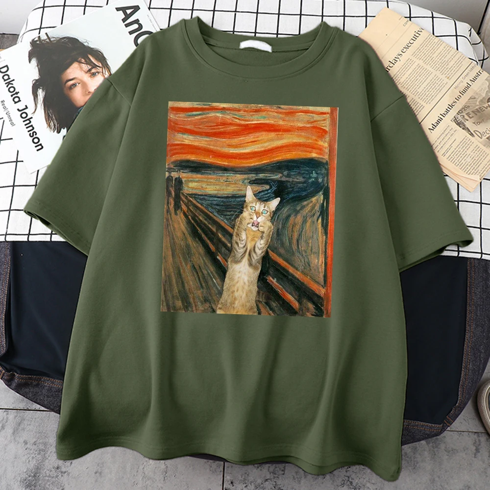 The Scream Art Style Retort Cat Printing Mens T-Shirts Fashion S-Xxxl Tshirt Simplicity Casual Tee Shirts Cool Loose Men's Tops