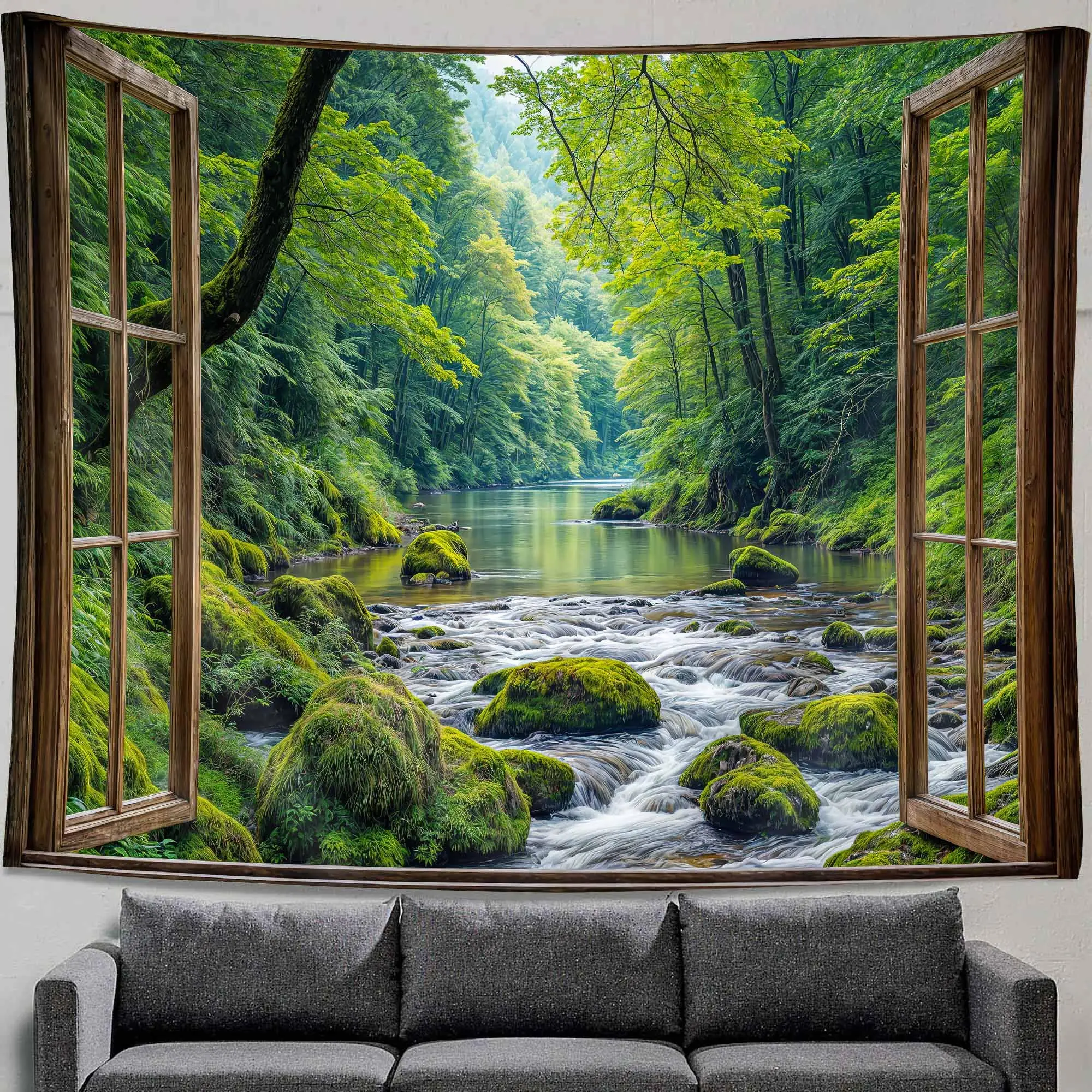 Window Forest Tapestry Green Nature Jungle Wall Tapestry for Bedroom Aesthetic Rainforest Stream Outdoor Landscape Wall Hanging