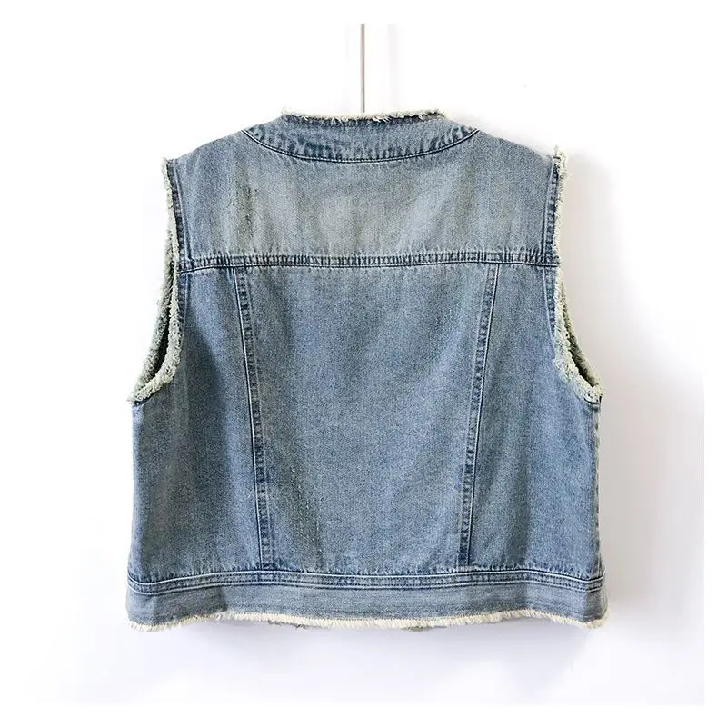Spring Autumn Sleeveless Denim Waistcoat For Women Washed Blue Raw Edge Short Jean Vest Retro Casual Vest Female Streetwear