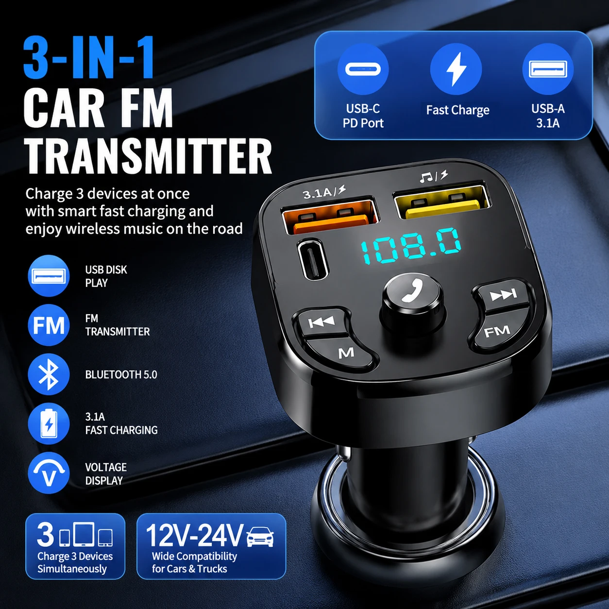 Hands Free Wireless Car FM Transmitter Bluetooth 5.0 Car AUX Radio Modulator MP3 Player Support TF Card U Disk Fast Charger