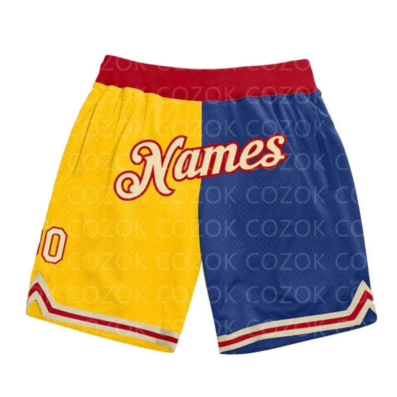 Shorts de basquete autênticos com emenda amarela personalizada, shorts masculinos com estampa 3D, seu nome, múmia, secagem rápida, praia