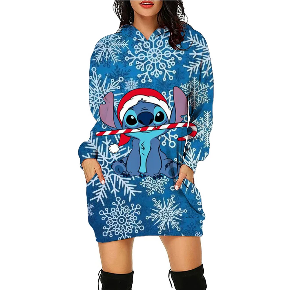 Women\'s fashionable hooded sweatshirt dress for Christmas Disney\'s Lilo&Stitch autumn and winter long sleeved hooded dress, slim