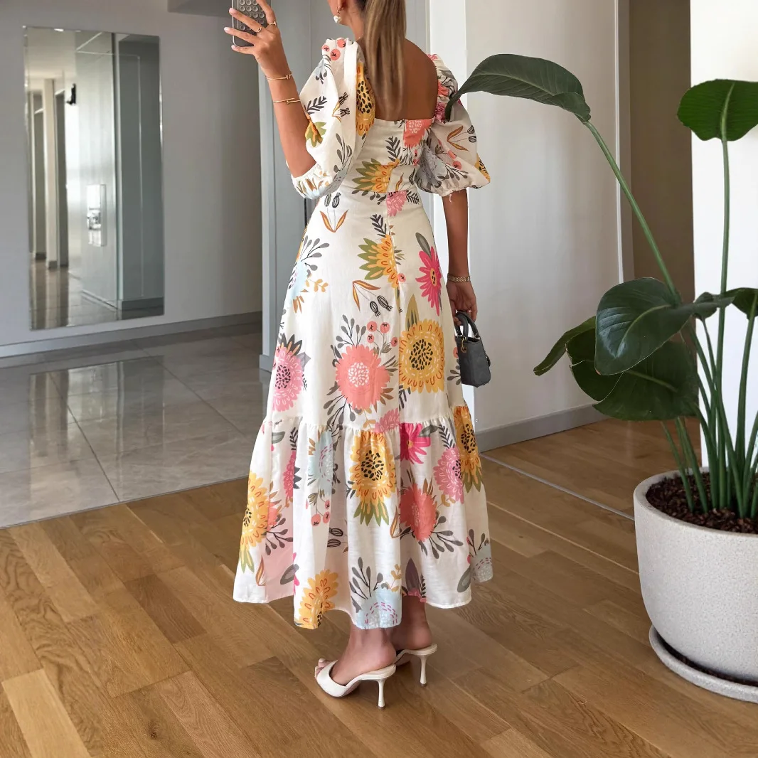 Abito da vacanza senza schienale con giunture Boho da donna Abiti eleganti con maniche a sbuffo con scollo quadrato Abito lungo a trapezio pieghettato con stampa floreale casual