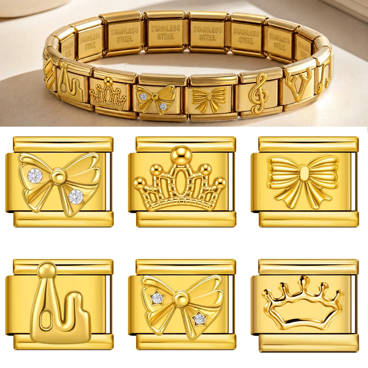 URING Gold Color Music Crown Bows Italian Link fit 9mm Charm for Making Beads DIY Stainless Steel Fashion Bracelets Jewelry