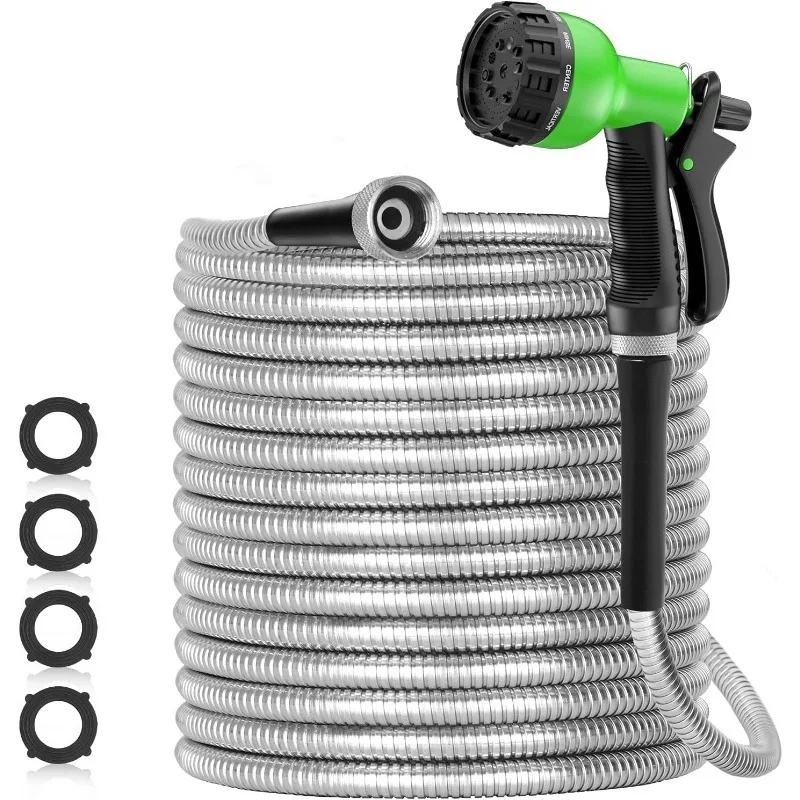 

150ft 304 Stainless Steel Garden Hose Metal, Heavy Duty Water Hoses with Nozzles for Yard,Outdoor - Flexible,Never Kink & Tangle