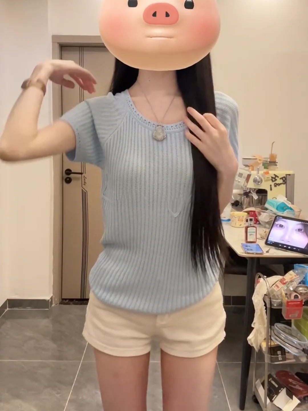 

Sexy Retro Blue round Neck Knitted Short Sleeve Top And Shorty Pants Two Piece Set Highlighting Body Shape Low Waist Shorts