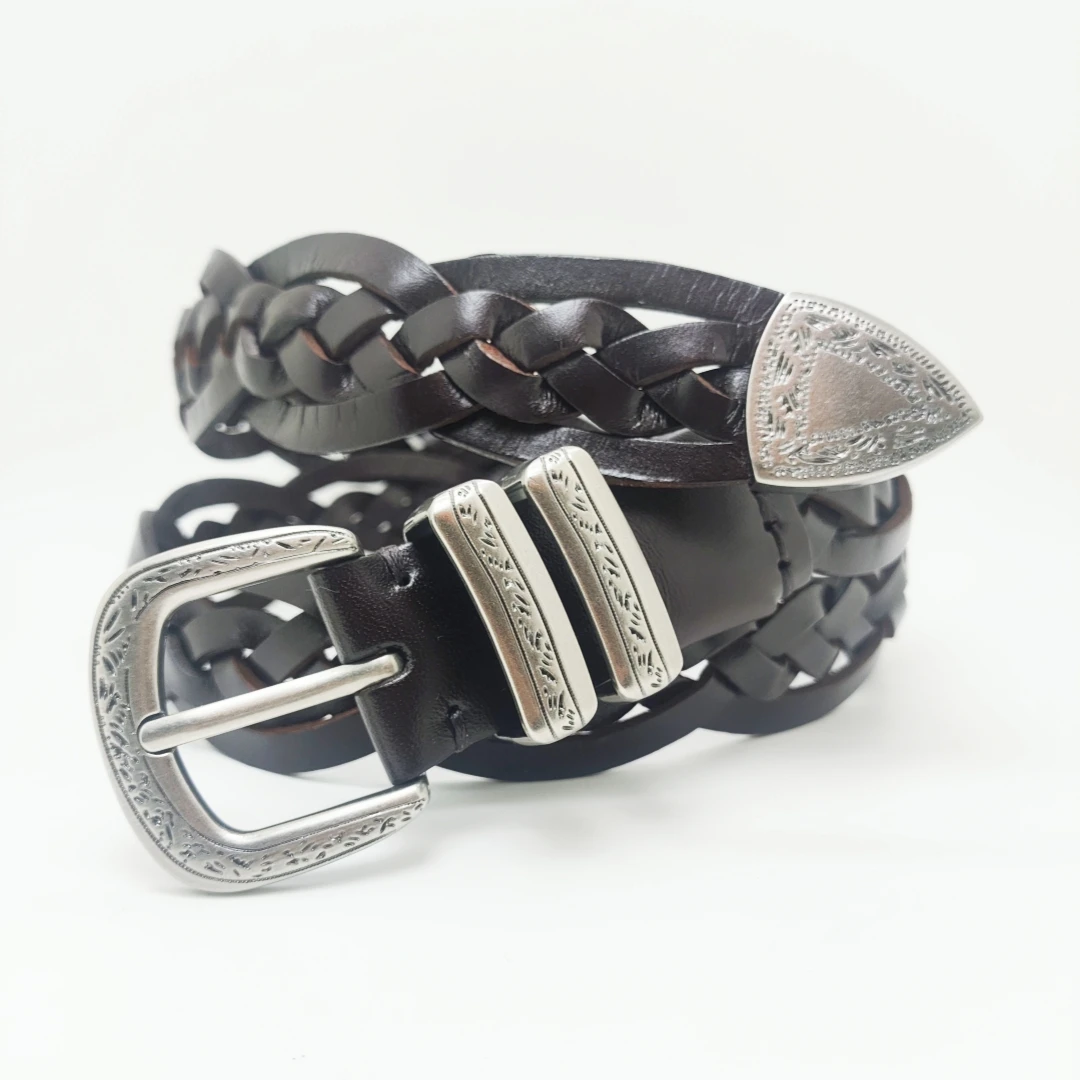 Retro Handwoven Leather Belt with Fine Carved Pattern And Hardware Buckle 3.0cm Denim Waist Belt for Skirts And Dress Decoration