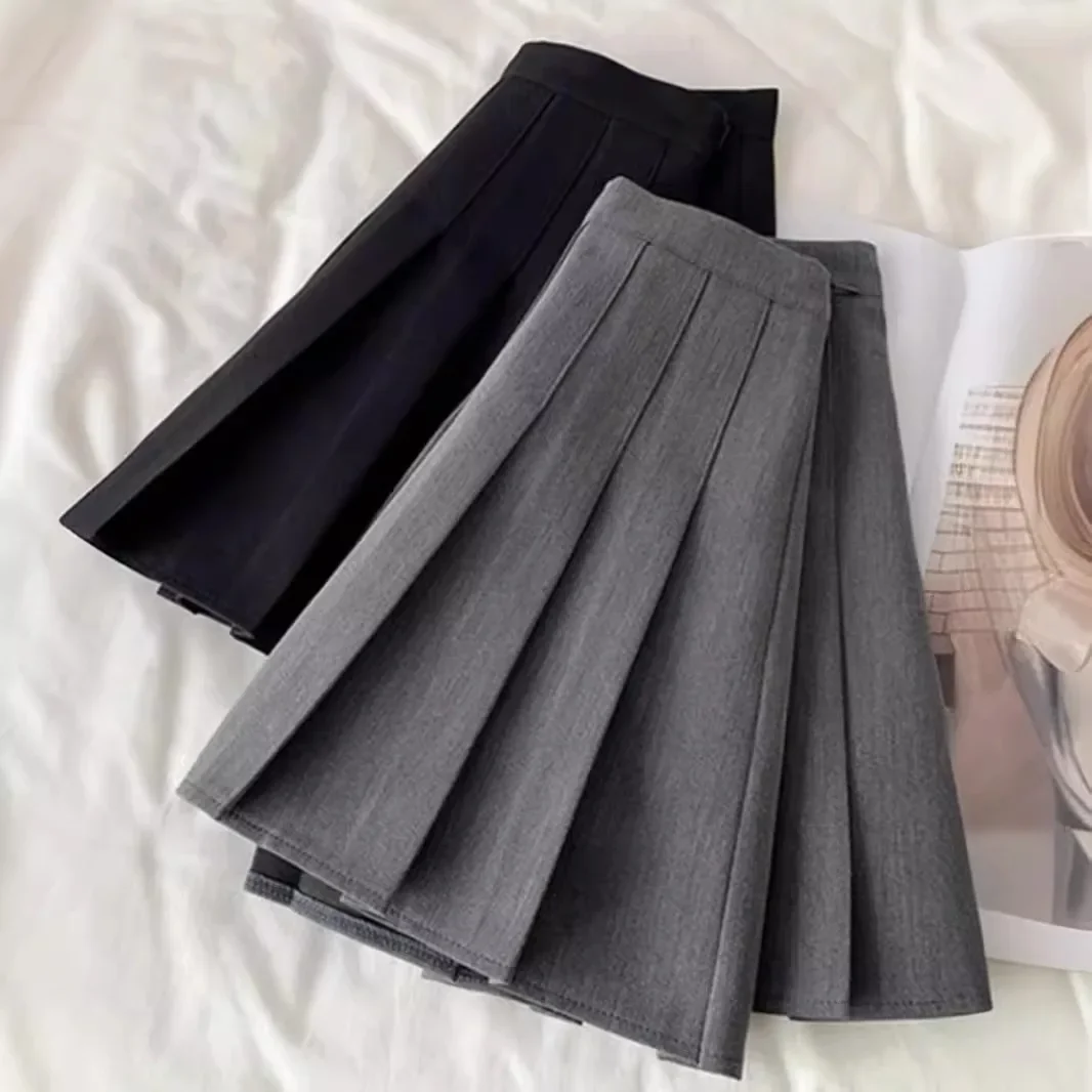 High-waisted Grey Pleated Mini Skirt Women's Plus-size Waist Hiding Slimming A- line Korean Style Suit Dress Summer 2024 Arrival