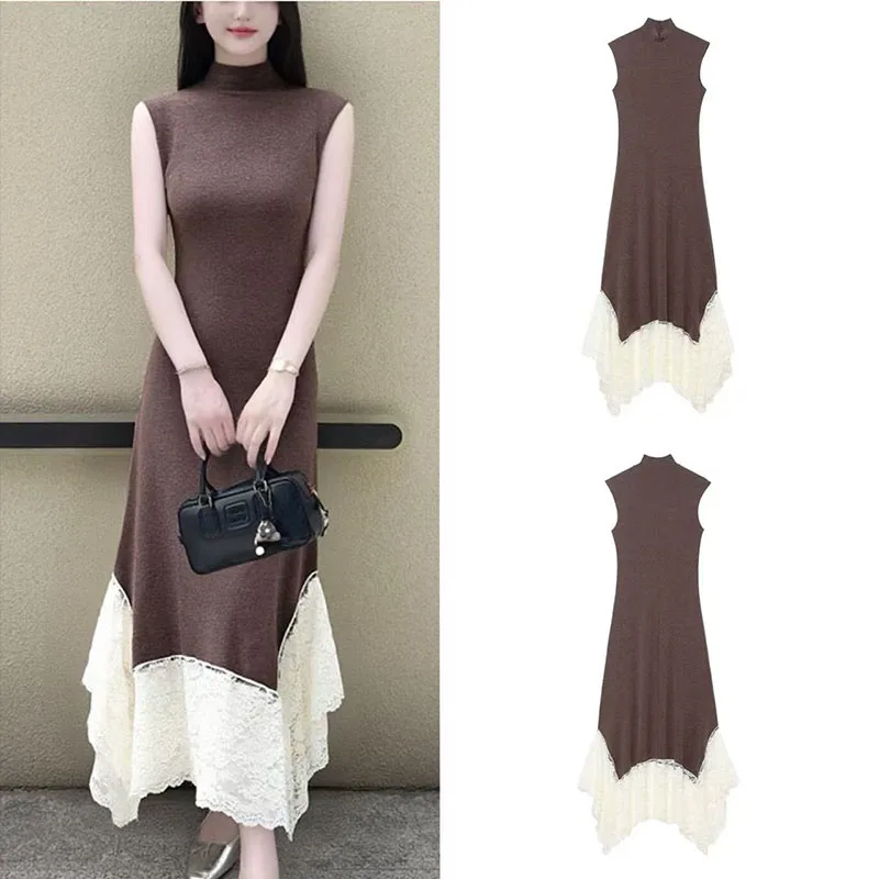 2025, europäischer und amerikanischer Stil, Damenbekleidung, Spitzenspleißstrick, schmale Passform, langes, ärmelloses, elegantes Kleid