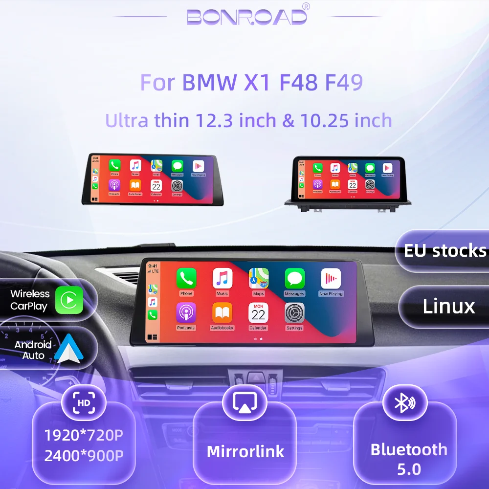 BONROAD 10.25'' 12.3'' 1920*720P 2400*900P Schermo Touch Multimediale Wireless CarPlay Android Auto Linux con Laminazione Completa per BMW X1 F48 F49, Mirroring Airplay, Autolink, Navigazione GPS,