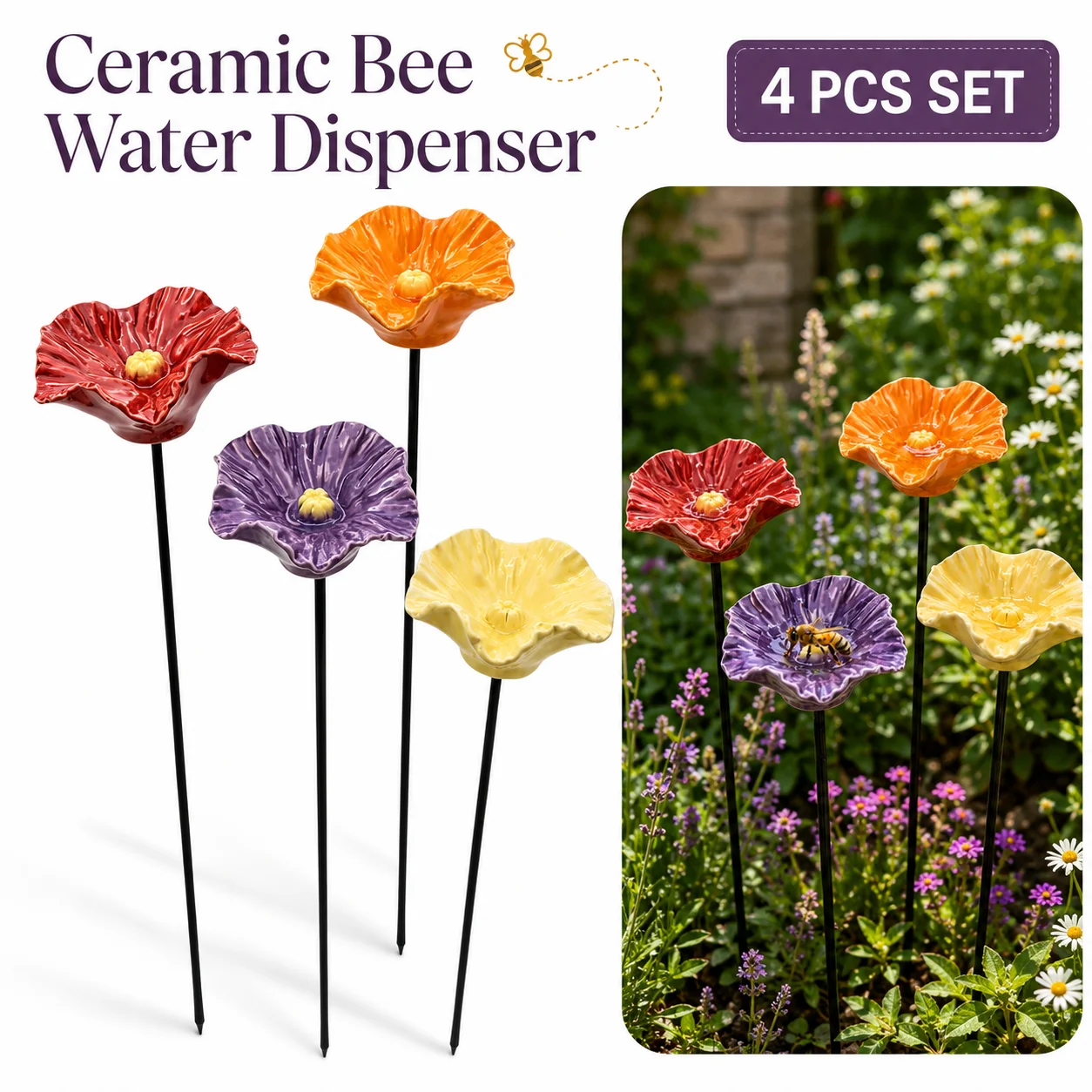 Outdoor Bee Bird Water Dispenser Garden Stake Resin 4pcs Set Colorful Hummingbird Bee Feeder Decoration