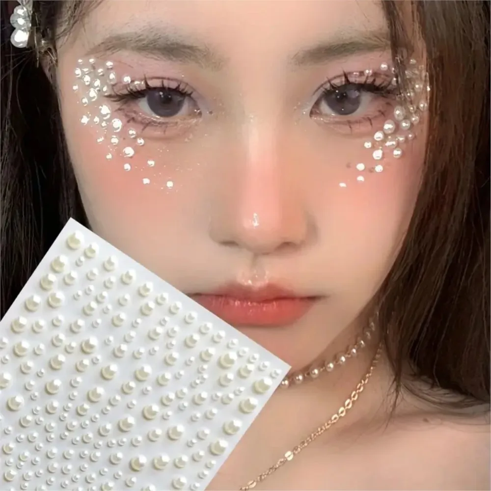 

162Pcs/Sheet 3D Pearl Rhinestones Face Stickers Mini Crystal Diamond & Pearl Gemstone Tattoo Decals for Makeup Eye Photo Props