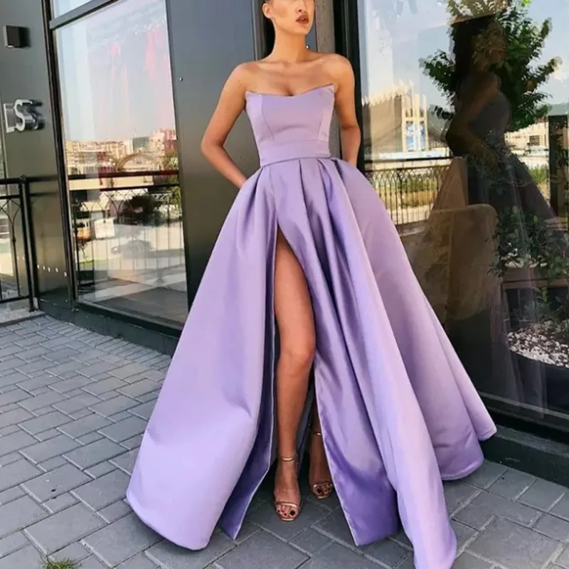 

New performance strapless slit long dress for banquet hosts