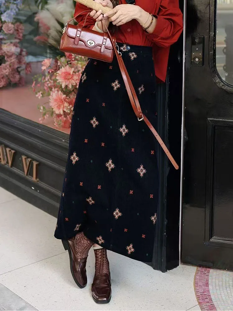 Retro Corduroy Embroidered Midi Skirts Women Autumn High Waist Casual Skirt Y2K Korean Luxury Office Lady All Match Long Skirts