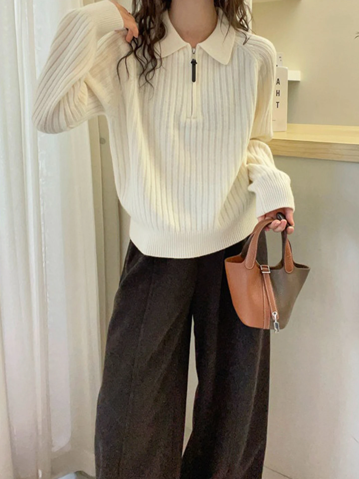 سترة كشمير أنيقة بأكمام طويلة على الطراز الكوري بلون واحد متعددة الاستخدامات بياقة للنساء ضرورية لموسم الشتاء