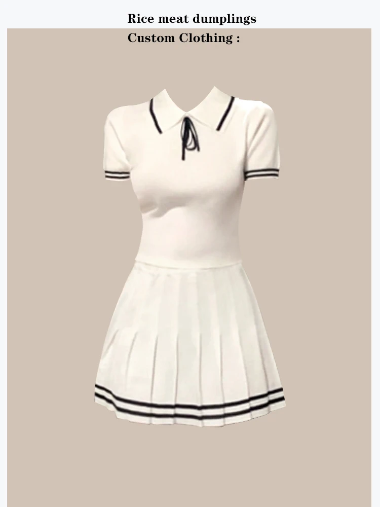 

Casual Knitted Neck Two-Piece Set High Waist Pleated Skirt Short Sleeve Contrast Color College Style Fashion Autumn Wear