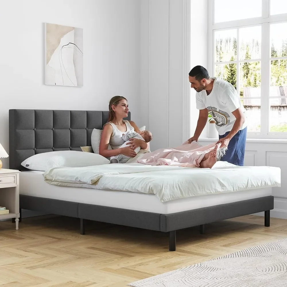 Bed Frame, Upholstered Platform with Headboard and Strong Wooden Slats,Non-Slip and Noise-Free, Easy Assembly Queen Bed Frame