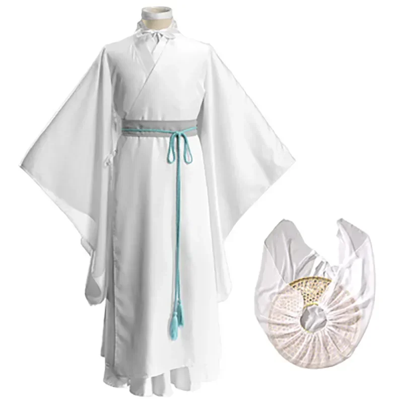 Xie Lian Cosplay Costume pour hommes et femmes, Anime Tian Guan Ci Fu, Perruques Xielian, Chapeau en bambou, Vêtements Han Fu blancs, Accessoire d'Halloween