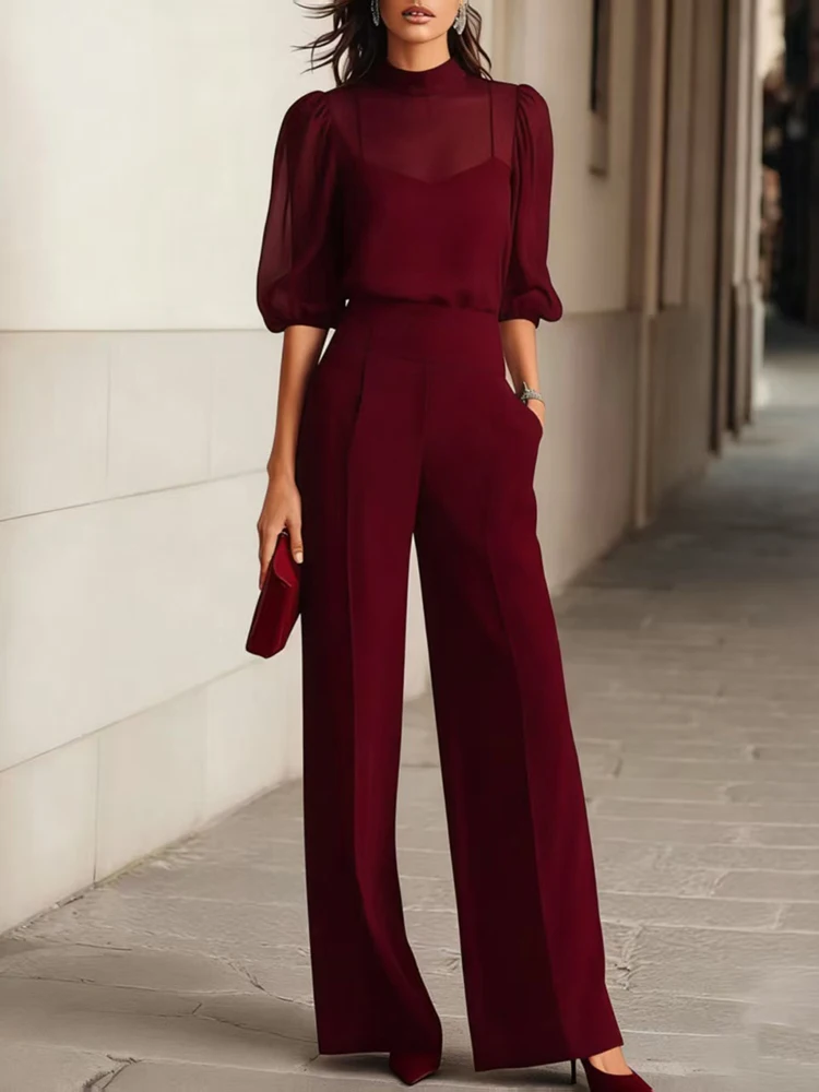 Fashion Mesh Half Sleeve Pullovers&Pants Sets Elegant Ladies Solid Wide Leg Pants Sets Summer Casual Simple Hollow Out Outfits