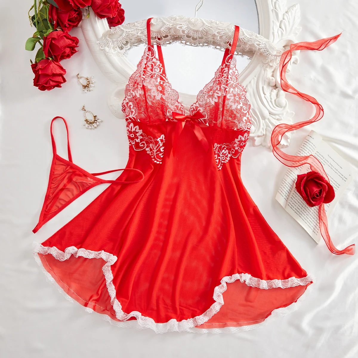 

Babydolls Summer Transparent Erotic Pajamas Sets Sexy Lingerie Nightgown Off Shoulder Home Wear Dress G-string Exotic Costumes