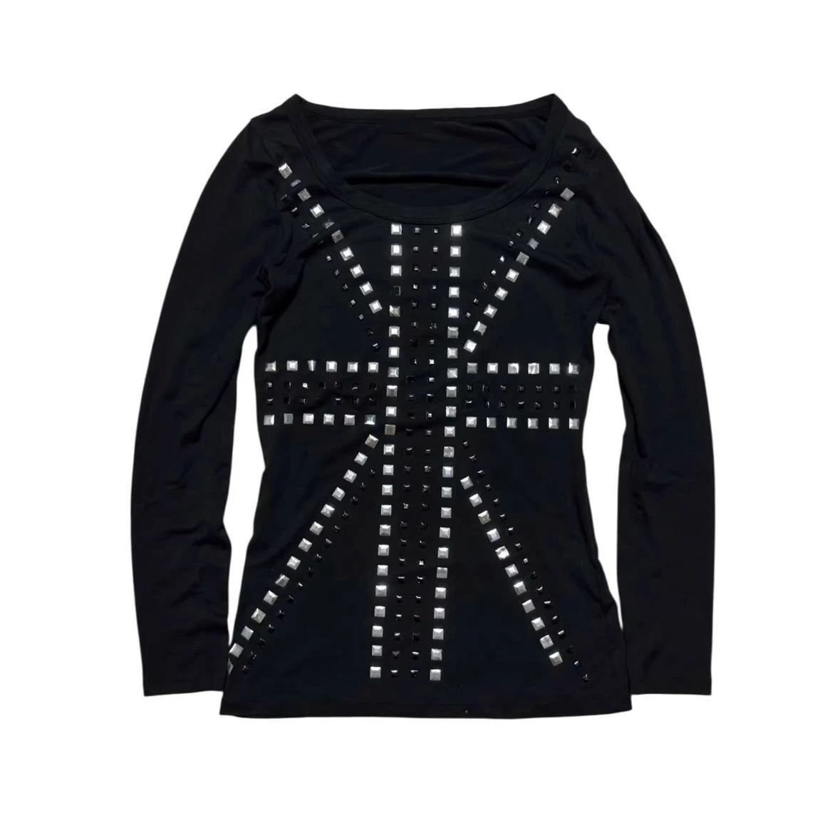 Y2K Subkultur Schwarzes Langarm-T-Shirt für Damen, Frühling und Herbst, Neuer Stil, Nieten, Lässiger Slim-Fit, Basisjacke, Visueller Emo-Stil