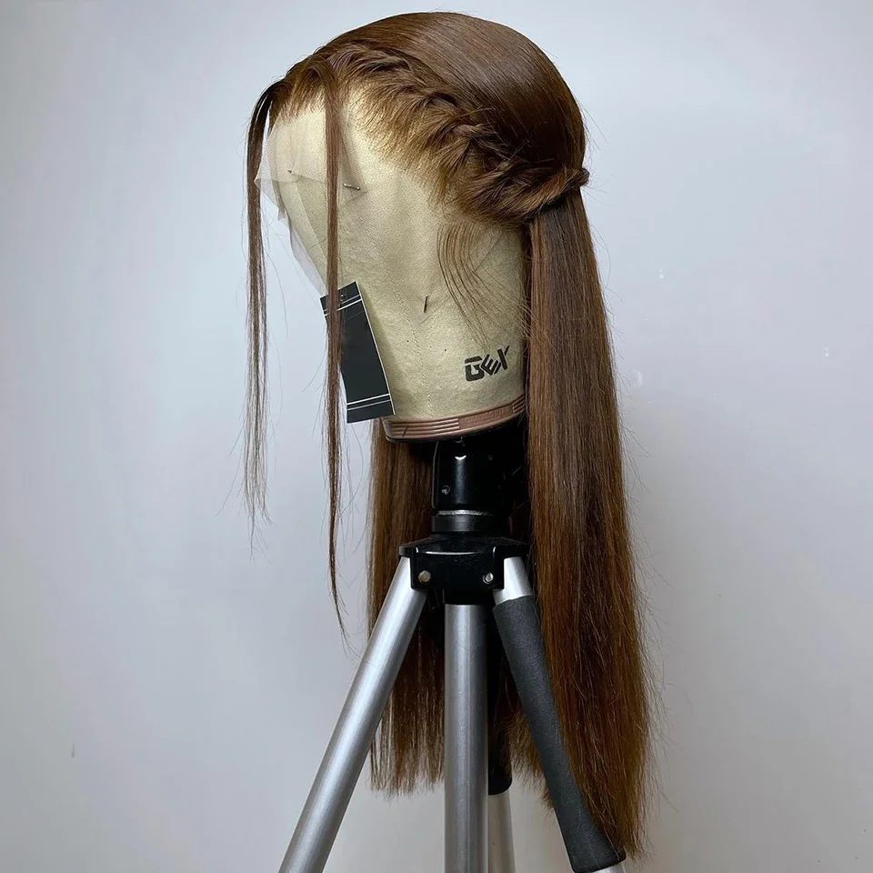 Wig depan renda lurus halus coklat ketebalan 180 tanpa lem panjang 26 inci lembut untuk wanita hitam dengan rambut bayi