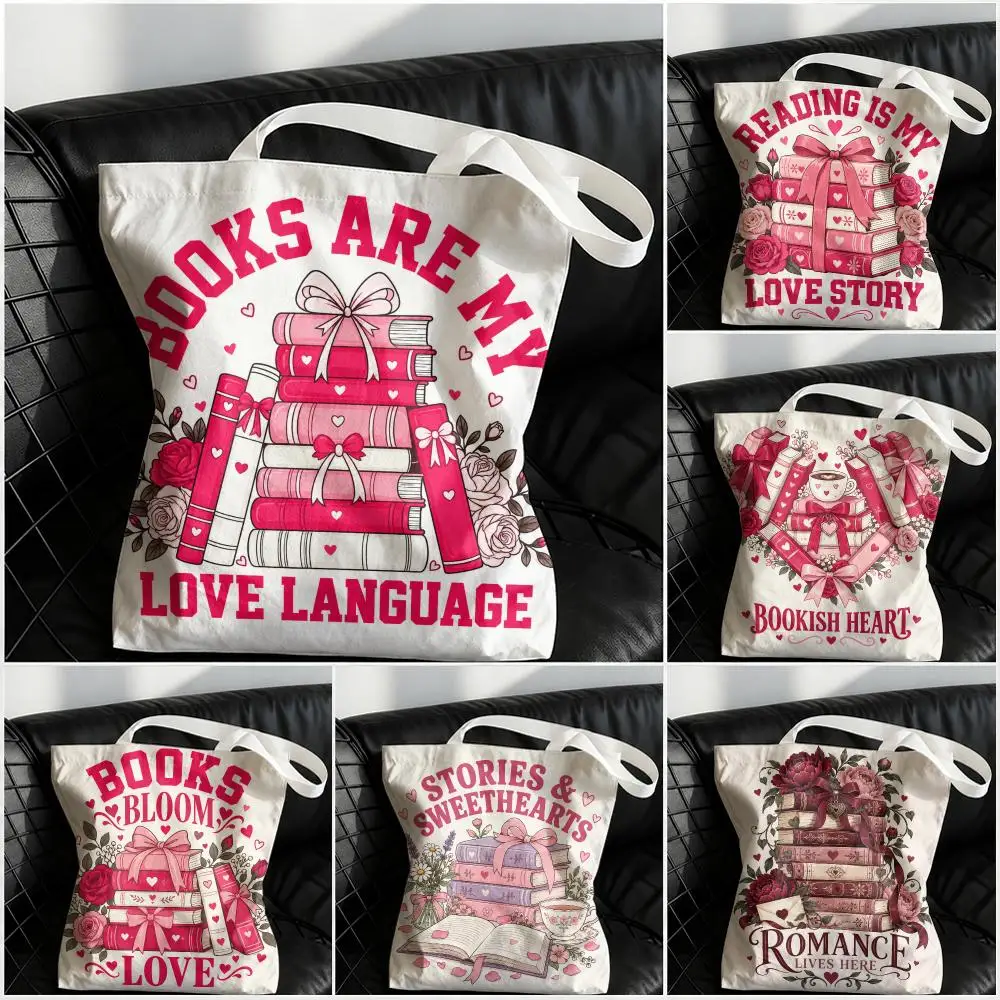 Books Love Language Storage Bags Large Structured Canvas Tote Bag Reusable Shopping Shoulder Bag Casual Handbag