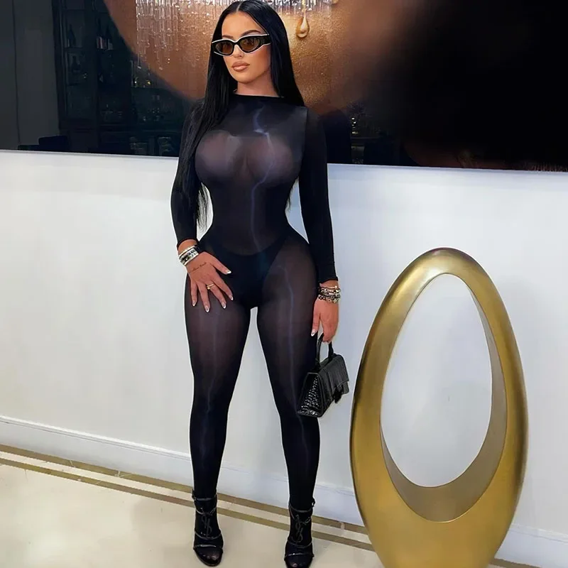 

Doyerl Mesh See Through Black Jumpsuit Woman Sexy Rave Night Out One Pieces Club Romper Party Skinny Bodycon Overalls Catsuit