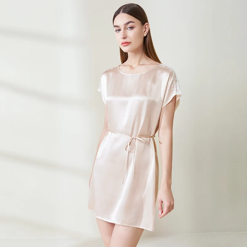 

19 Момская шелковая и кружевная сорочка из 100% тутового шелка, ночная рубашка с круглым вырезом, ночная рубашка, уютная одежда для дома, короткая ночная рубашка, свободная пижама