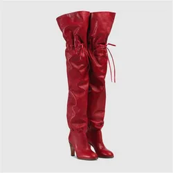 Autumn Winter Newest Slim Fit Red Leather Thigh High Boots Strap Long Spike High Heel Designer Plush Botines Shoes Woman 2023