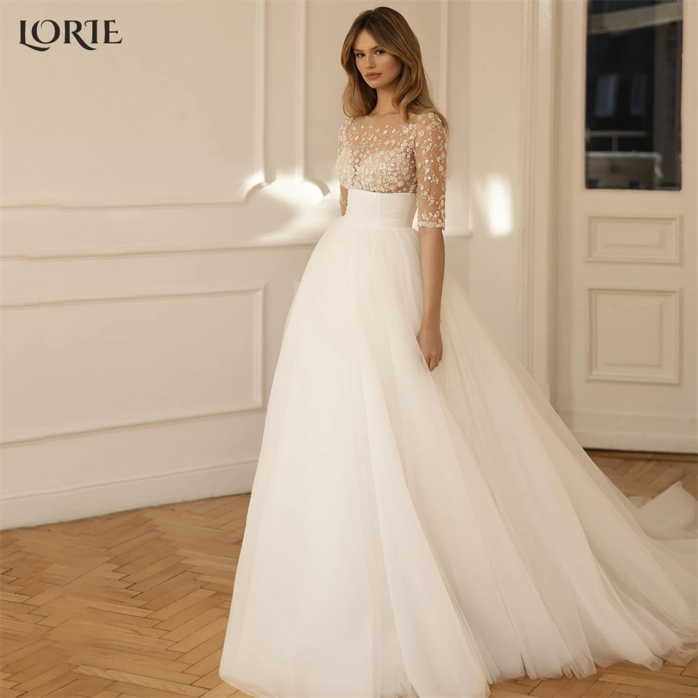 

LORIE Elegant Lace Wedding Dresses Appliques O-Neck Half Sleeves A-Line Bridal Gowns Floor Length Princess Flowers Bride Dress