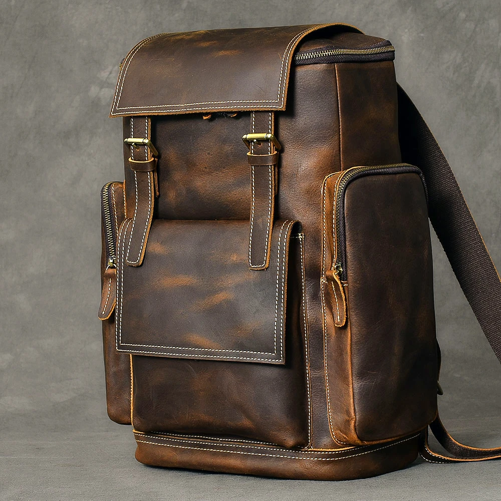 Retro Crazy Horse Leather Backpack para homens, saco de computador masculino, grande capacidade, 15.6 Polegada Laptop Bags, mochilas de viagem de couro genuíno