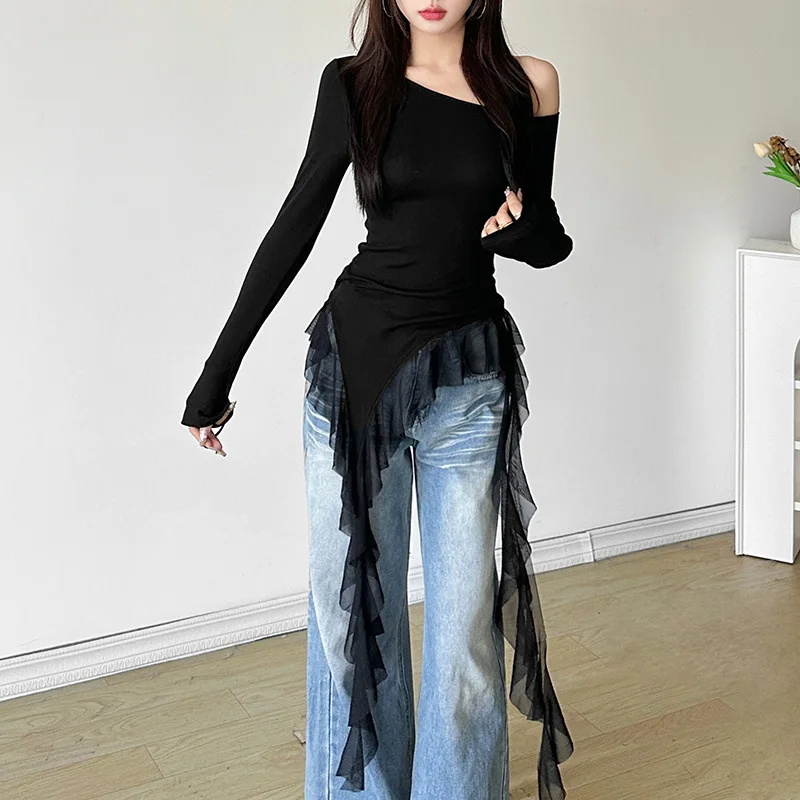 Spring Summer Women Mesh Patchwork Slash Neck Sexy Tshirt One Shoulder Irregular Ruffle Hem Long Sleeve T-Shirts Y2k Clothing