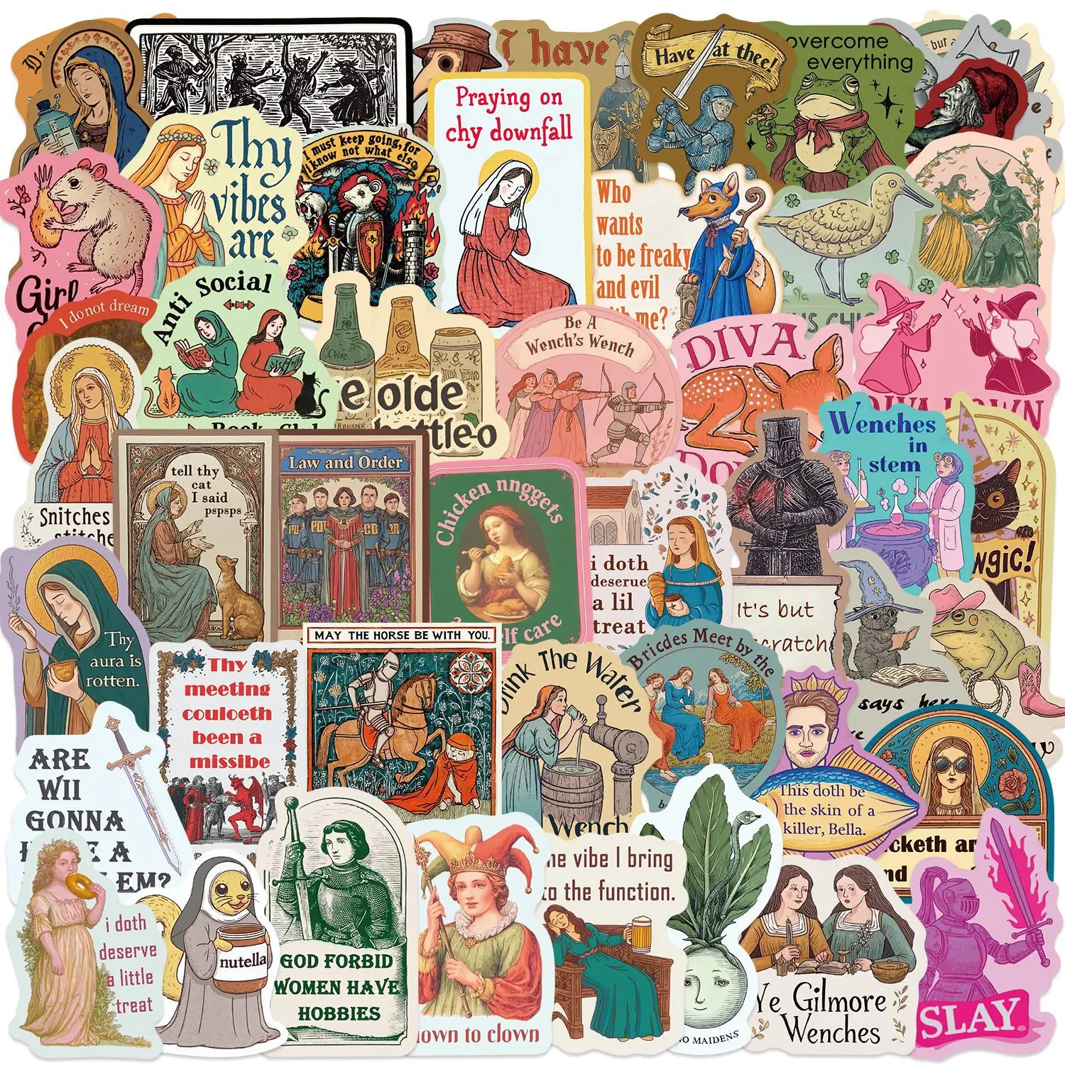 

50PCS Popular Medieval Cartoon Stickers with Colored Edges, Vintage Waterproof PVC Decals for DIY Decorating Luggage and Skateboards