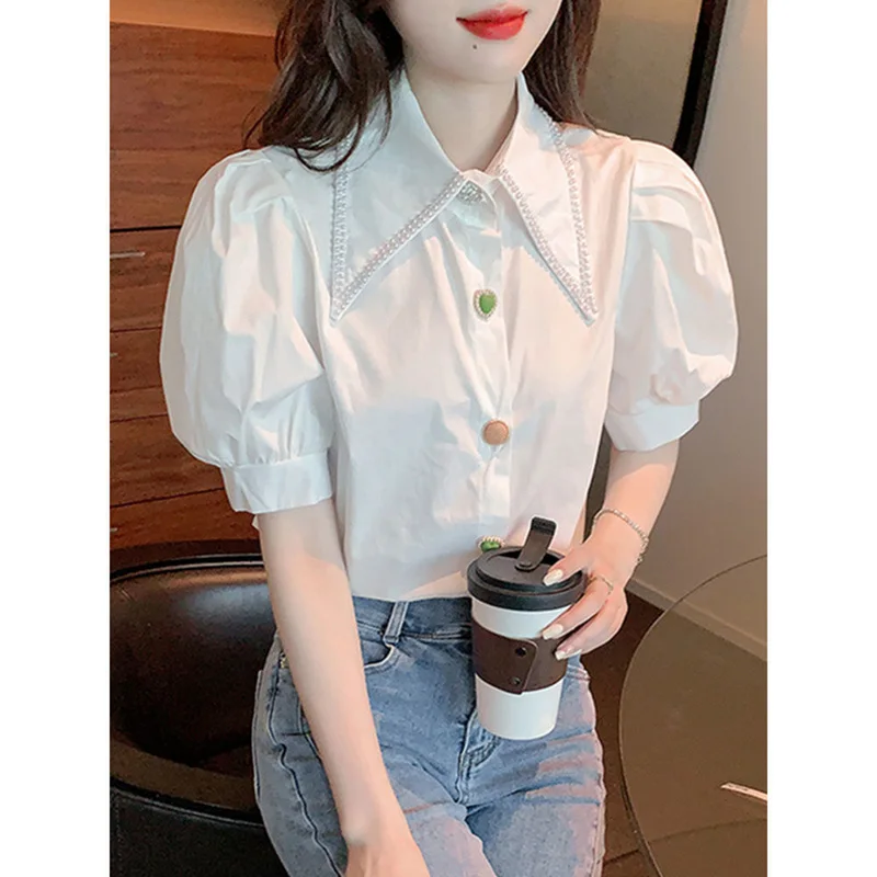 Sweet Peter Pan Collar Puff Sleeve Button Oversized Beading Shirt 2022 Summer Chic Tops Elegant Women\'s Clothing Commute Blouse