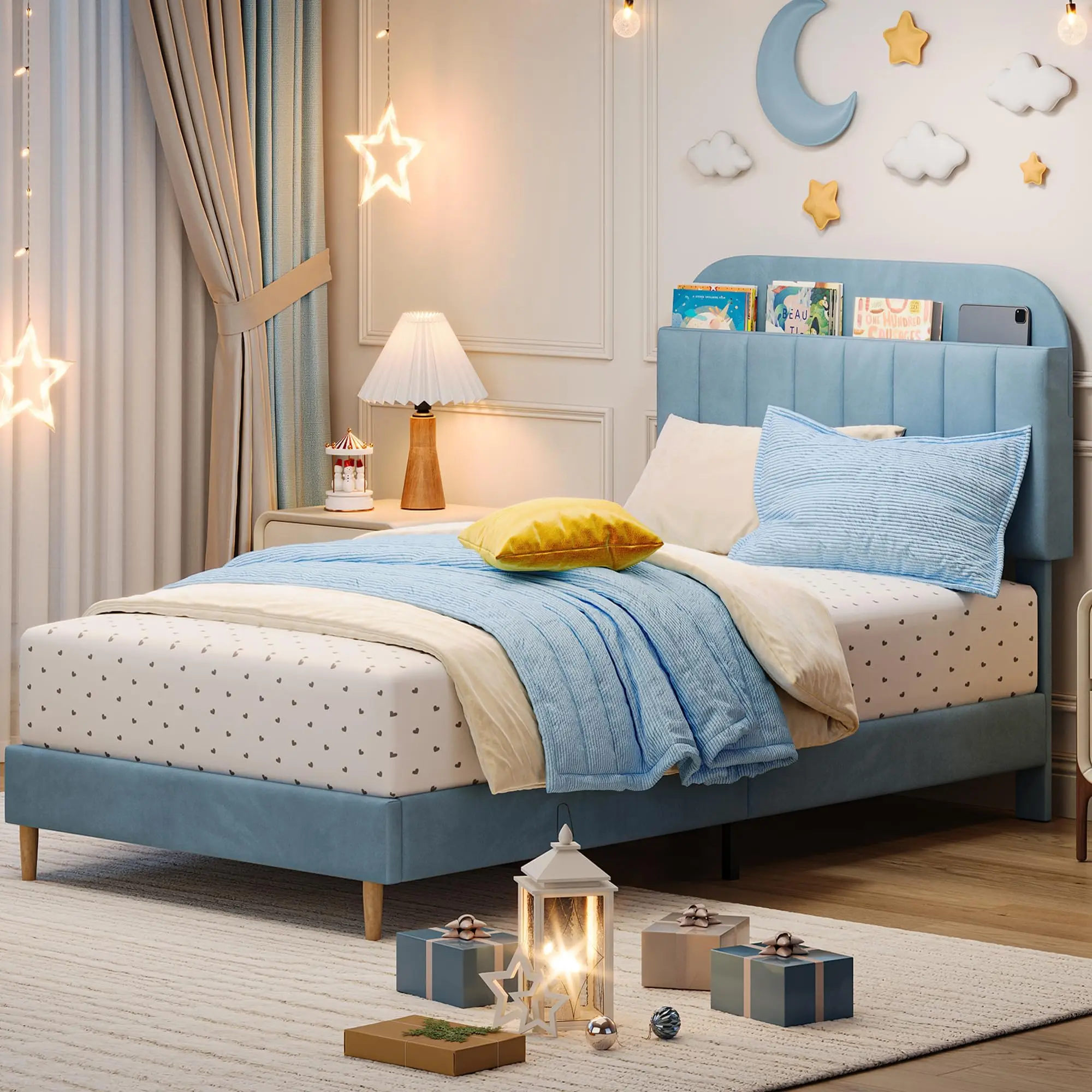 Velvet Soft Kids Bed 90x200 cm with Bookshelf Headboard - Sturdy Steel Legs, Noiseless, Easy Assembly, No Box Spring - in White, Light Blue or Pink