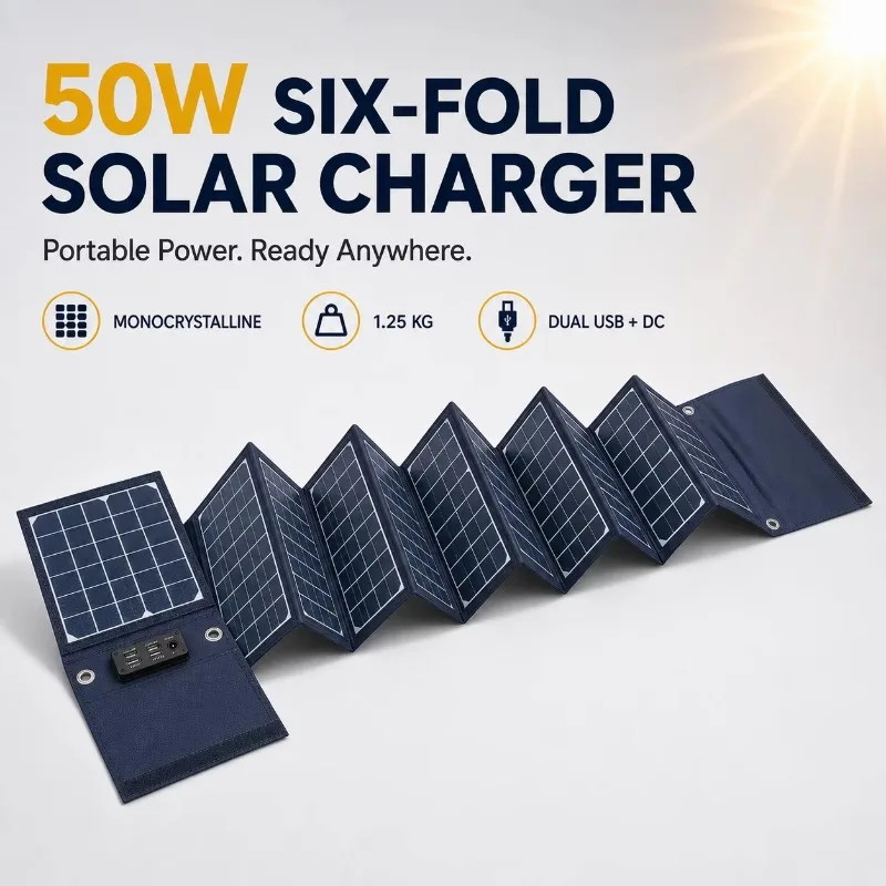 50W Foldable Solar Panel 6-Fold Waterproof Portable Solar Charger With Dual USB QC3.0 & DC 18V Output 8-in-1