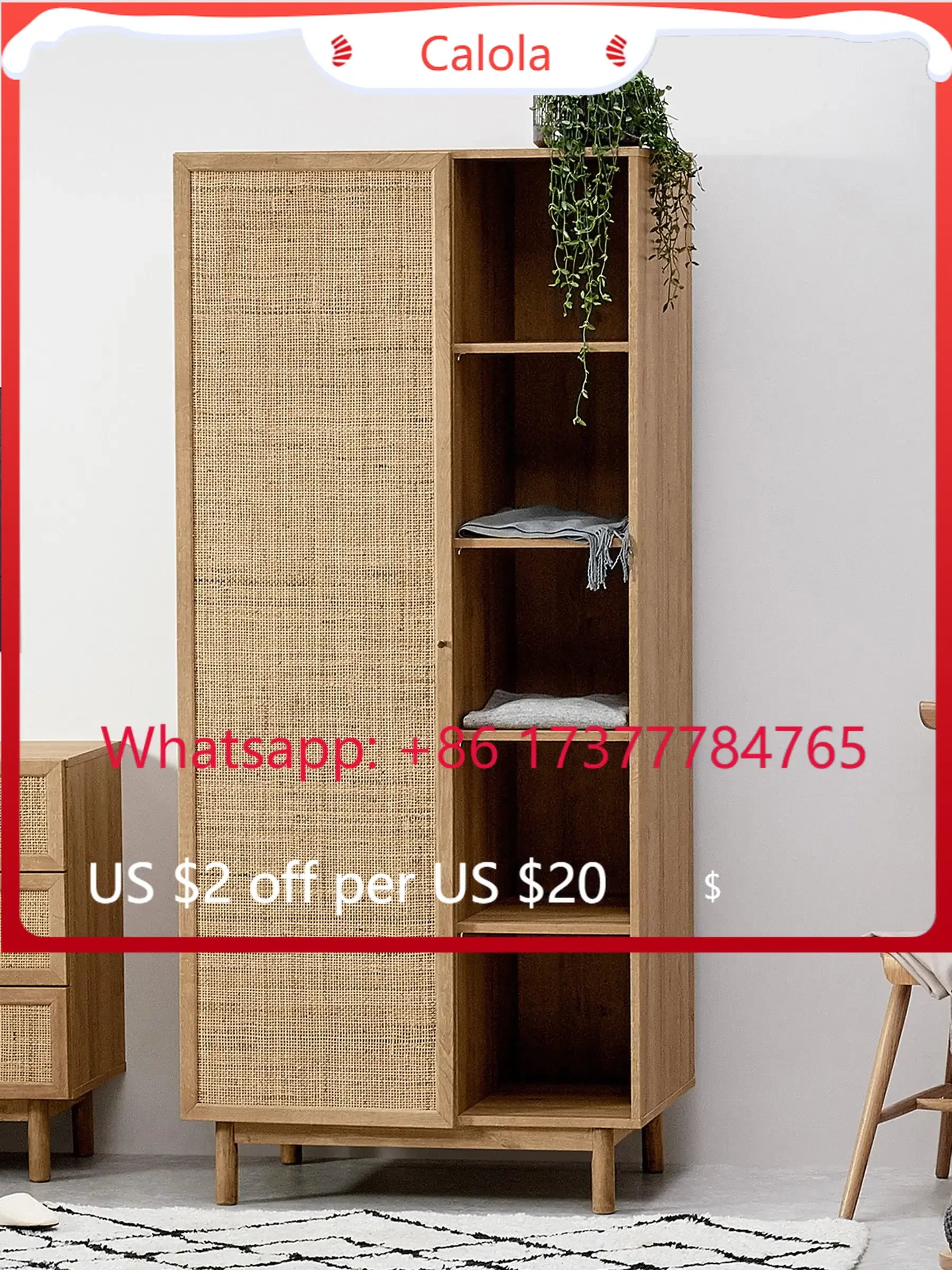 Living Room Wooden Storage Cabinet Rattan Woven Door Multipurpose Wardrobe