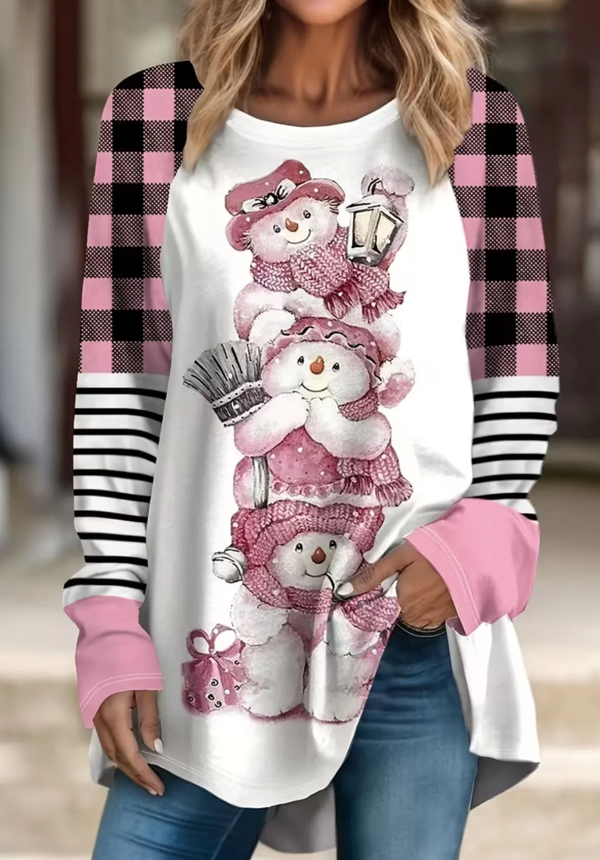 

Женская модная рождественская футболка больших размеров с круглым вырезом и длинными рукавами с принтом «три маленьких медвежонков»