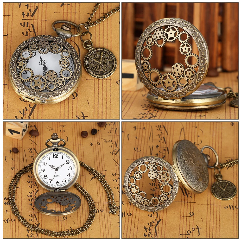 빈티지 포켓 워치 2개 세트, 속이 비치는 기어 디자인, 로마 숫자 다이얼 액세서리, 클래식한 휴대용 시계, 가볍고 휴대하기 쉬운 여성용 선물