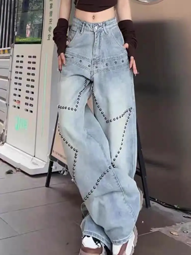 

2025 женские прямые джинсы в американском стиле ретро, сверхмощные джинсовые брюки с заклепками, свободные широкие брюки, альтернативный стиль гранж