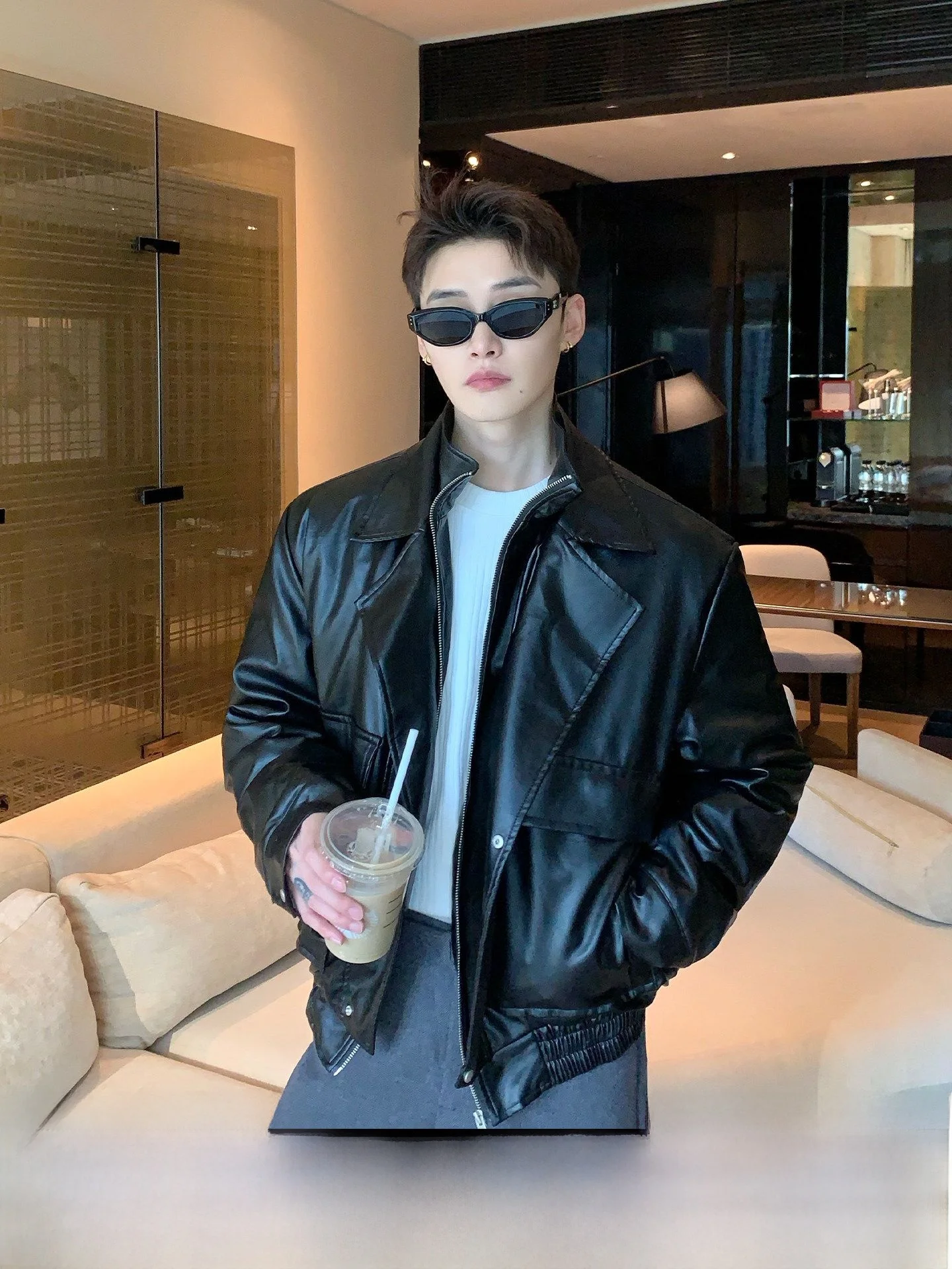 

American Retro Style PU Leather Biker Jacket Stand Collar Commute Cotton Outerwear Youth Casual Long Sleeve Warm Coat