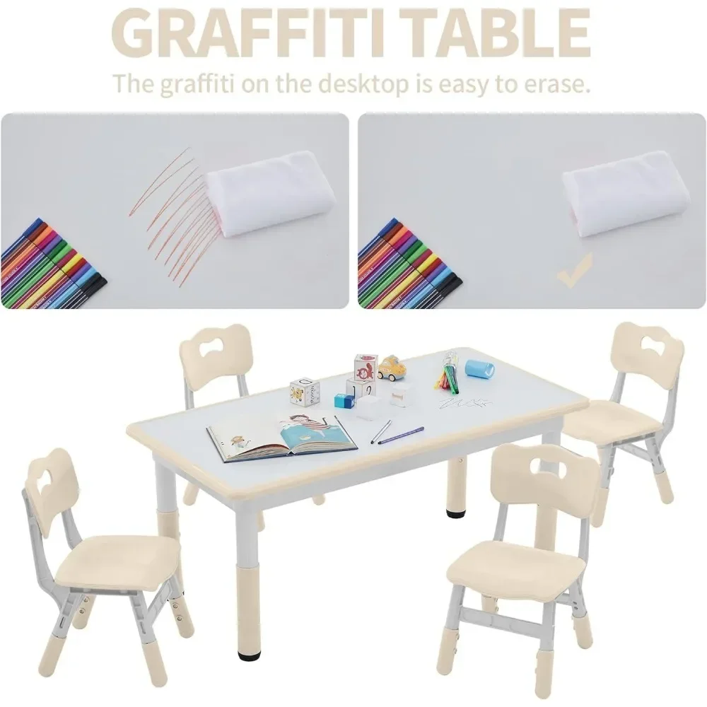 Toddler Table and Chairs Set for 4, 47.2\'\'L x 23.6\'\'W Kids Study Table and Chair Set, Height-Adjustable, Graffiti Desktop