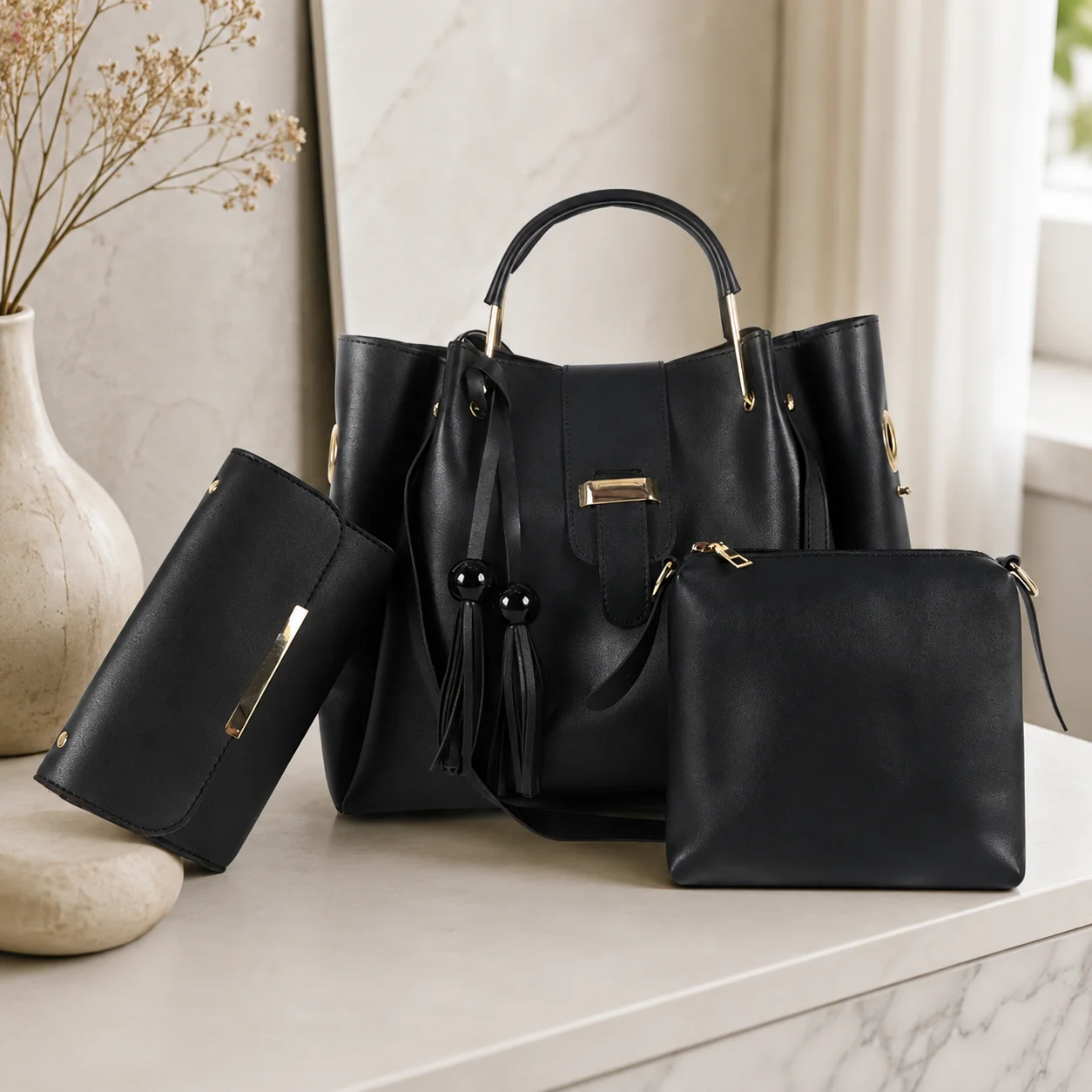 Women 3-in-1 PU Leather Tote Handbag Large Top Handle Shoulder Bag Matching Purse & Wallet Set for Daily Work Travel