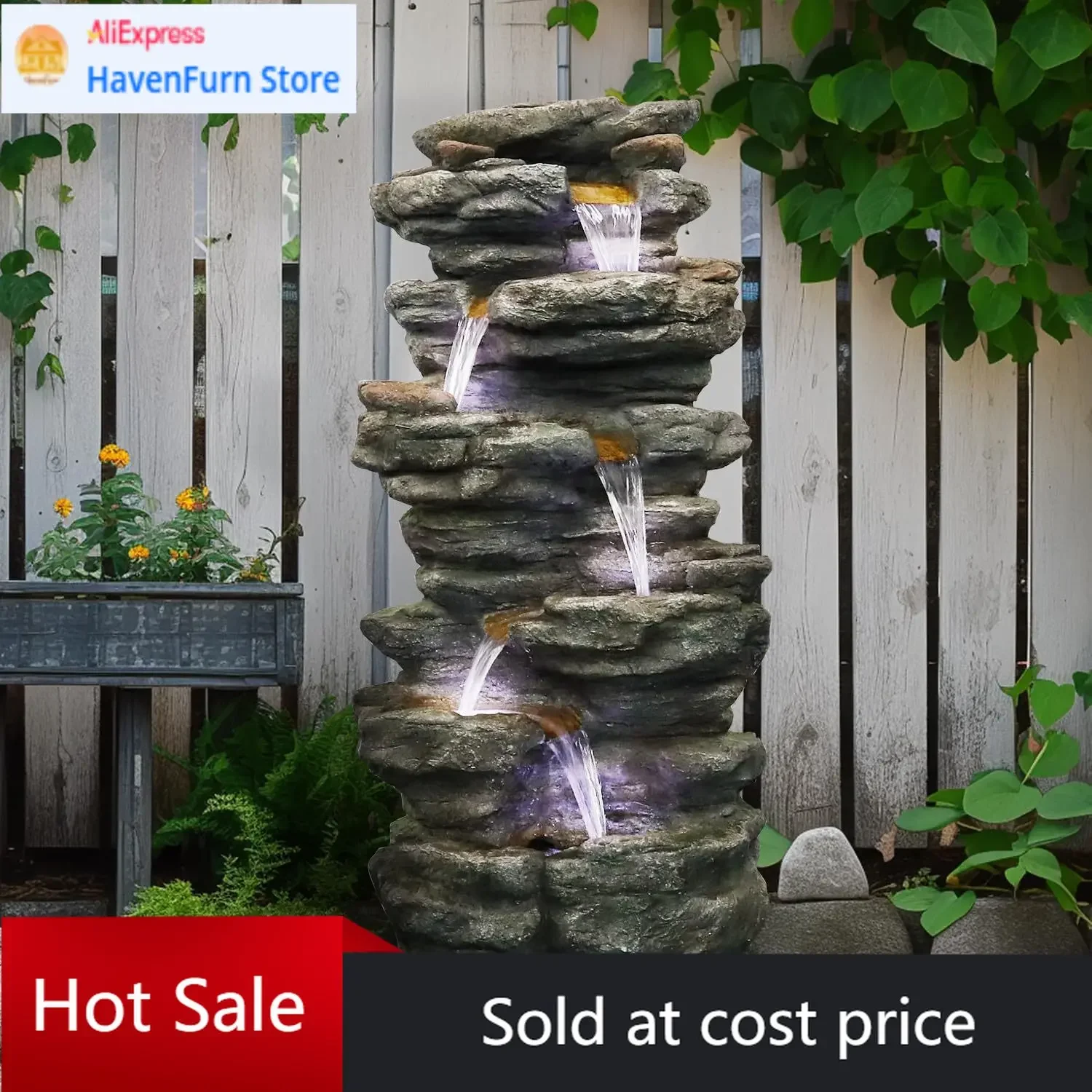 

Уличный фонтан-водопад с 6-ярусной каскадной конструкцией, высотой 40 дюймов, с LED-подсветкой - большие уличные фонтаны и водопады