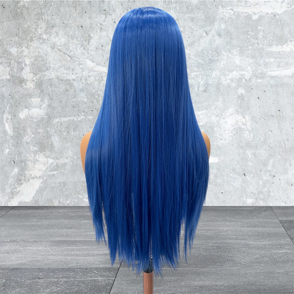 Wig renda lurus panjang biru rambut sintetis Wig biru tua Wig Staright sutra Wig renda Frontal tahan panas untuk pakaian sehari-hari wanita